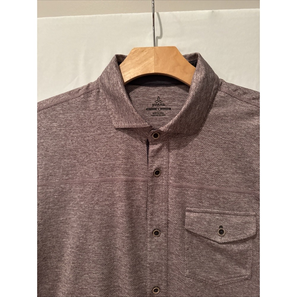 Prana Breathe Mens Large Short Sleeve Button Up Brown Heathered Shirt